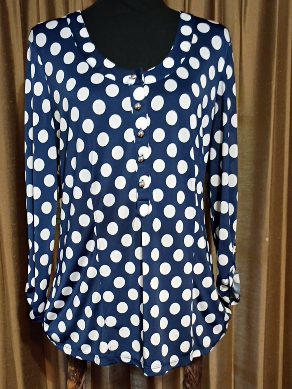 Navy White Polka Dot Short Scoop Neck Top Medium